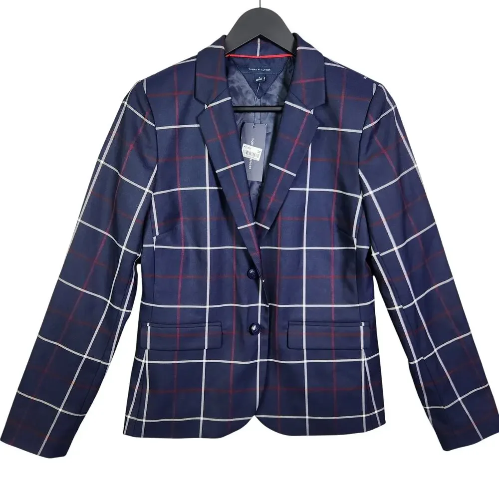 NEW Tommy Hilfiger Blazer Sz 2 Womens Navy Blue Plaid Academia Preppy Old Money - Picture 1 of 16